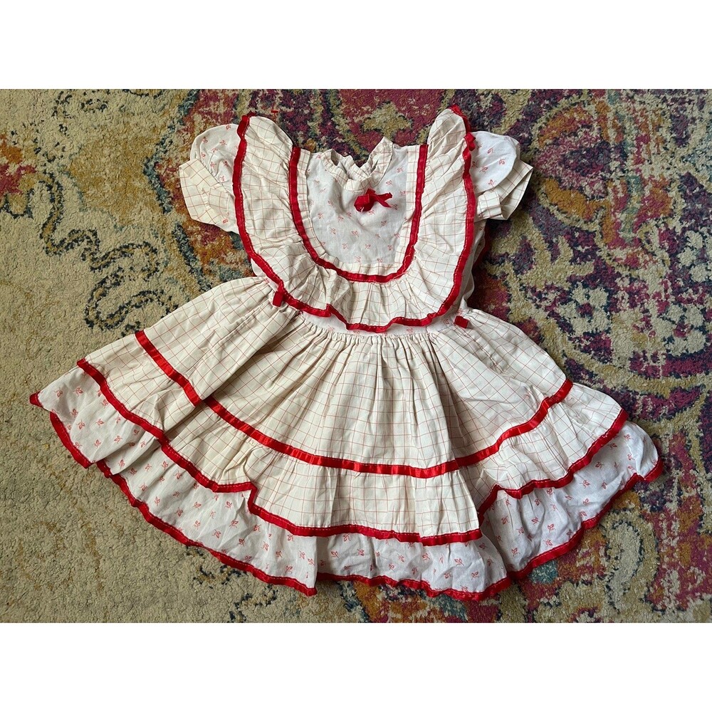 Sweet Vintage 60s/70s Girls Red Checked Tiered Ruffle Dress Size 5